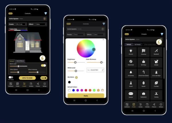 The lighting app on three phones: home controls, color picker and preset patterns